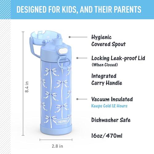 THERMOS FUNTAINER Water Bottle with Spout, 16oz, Blue Bows | Kids Stainless Steel Insulated Water Bottle, Keeps Drinks Cold Longer for School & Play, BPA-Free - color: Blue Bows, size: 16 Ounces