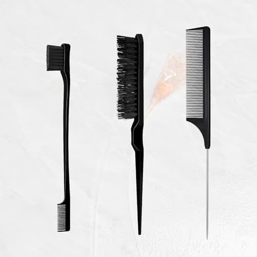 3 Pcs Slick Styling Hair Brush Set, Rat Tail Comb,Edge Bristle Brush, Teasing Brushes for Edge Back Brushing, Combing, Slicking Hair for Girls, Kids(Black）