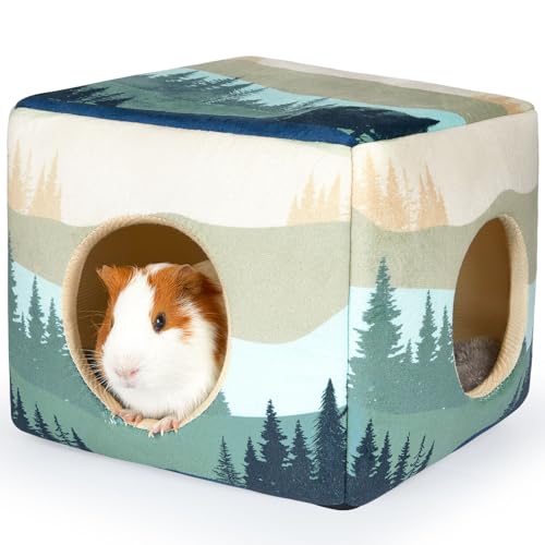 Bienbee Guinea Pig Hideout, Washable Plush House for Small Animals | Guinea Pig House with 2 Wide Entrances, Removable Mat and Non-skid Bottom,Warm and Cozy for Small Pet's Resting and Hiding - color: Forest Landscape