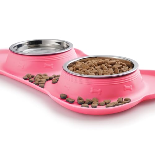 Hubulk Pet Dog Bowls 2 Stainless Steel Dog Bowl with No Spill Non-Skid Silicone Mat + Pet Food Scoop Water and Food Feeder Bowls for Feeding Small Medium Large Dogs Cats Puppies (S, Pink) - color: Pink, size: Small