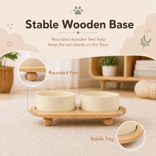 Havniva Raised Cat Bowl 5.1” Elevated Ceramic Cat Food and Water Bowl Set | Cat Bowls Elevated, Whisker Friendly Cat Bowl, Non-Slip Wood Stand, Food-Grade Ceramic, Wide Opening, Dishwasher Safe - color: 2 x Bowl + Stand - Light Yellow, size: 5.1inch
