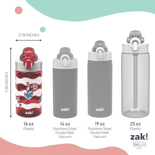 Zak Designs Dr. Seuss Sage 16oz Leak-Proof Straw Kids Water Bottle | BPA Free, Durable Plastic, Cupholder Friendly, Dishwasher Safe, Easy to Clean, Lid Lock, Handle, For School, Home, Travel - color: Dr. Seuss (The Cat in the Hat), size: 16 Ounces