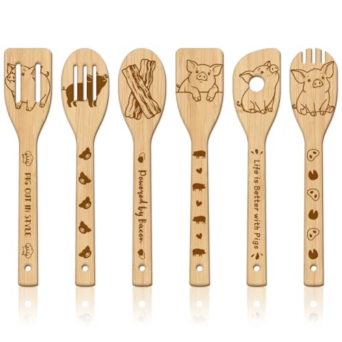 GLOBLELAND 6 Pcs Cute Pigs Wooden Spoons Utensil Set | Bamboo Carving, Engraved Cooking Spatula, Foods Bacon Design, Kitchen Cooking Utensils, House Warming Gift - color: Pig