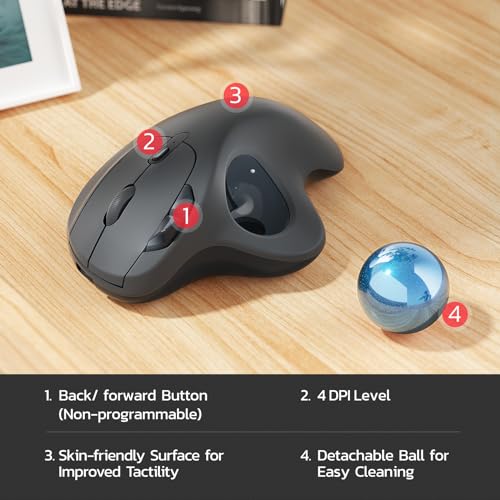 Nulea M501 Wireless Trackball Mouse Ergonomic Thumb Control, 4 DPI Levels | Rechargeable mouse with Bluetooth USB receiver,3 device use,smooth tracking,compatible with PC Mac Windows-Blue Grey