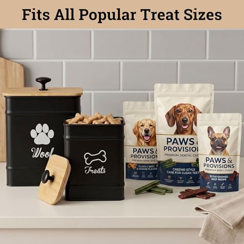 Dog Treat Container Airtight Set of 2 - 8x6 & 7x5 inch Iron Dog Treat Jars for Kitchen Counter with Airtight Bamboo Lids - 20 Cup Capacity Pet Treat Container Set - Doggie Cookie Jar - Treats Canister | Fits All Popular Treats, Up to 20 Cups Combined Capa