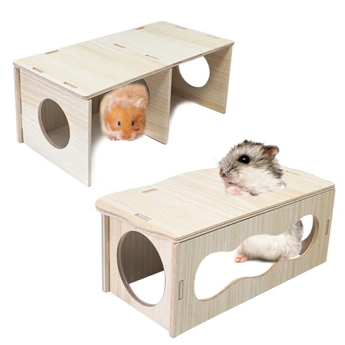 2 PCS Wooden Hamster Hideout Multi-Chamber Tunnel Set Hamster House Hiding Maze Platform Stuff Exploring Toy Cage Accessories for Gerbil Rat Mice - size: M+M
