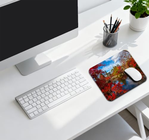 Autumn Red Maple Reflecting Pond Mouse Pad, Temple Garden Zen Desk Mat | 9.5"x 7.9", Japanese Kyoto Fall Foliage Scenery Blue Sky Nature Landscape, Cute Smooth & Anti-Slip Mousepad - color: Colorful Design Wknoon-Art 23