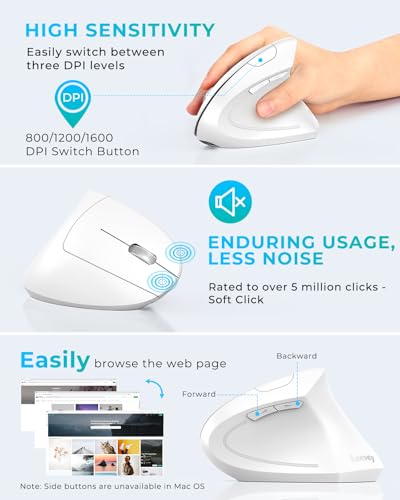 Lekvey Ergonomic Mouse, Rechargeable Vertical Wireless Mouse, White | Long Battery Life, USB-C Charging, 2.4G Wireless, Quiet Click, Reduces Wrist Strain, 3DPI 1000/1200/1600, for Laptop, Mac, PC - color: White