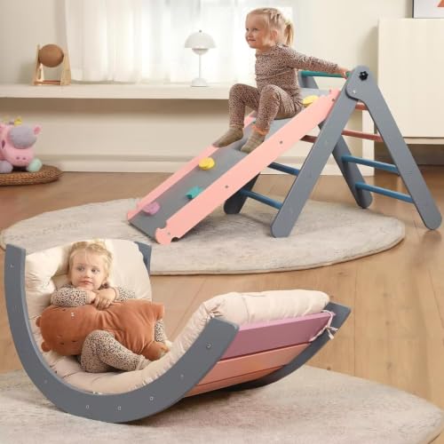 Pikler Triangle Set with Cushion, 7 in 1 Toddler Climbing Toys Indoor | Foldable Space-saving Design, Montessori-inspired Learning, Reversible Slide & Ramp, ASTM F963 Standards for Toddlers 18M-5Y - color: Rainbow With Blue