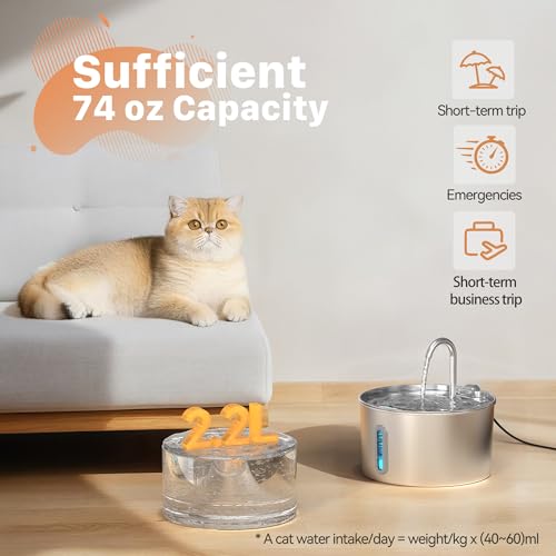 Cat Water Fountain Stainless Steel: 2.2 L Cat Fountain for Drinking - Automatic Pet Water Fountain for Cats Inside - Metal Cat Dog Water Dispenser Bowl with Faucet Water Level Window Ultra Quiet Pump | Automatic Metal Pet Water Fountain for Cats Inside, C