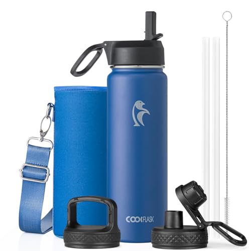 Coolflask 24 oz Insulated Water Bottle with Straw & 3 Leakproof Lids | Water Flask Stainless Steel Triple-Wall Vacuum, Cupholder Friendly, Cold 48+h, Dishwasher Safe, Non-BPA, for Gym & Hiking - color: King's Blue, size: 24 Ounces