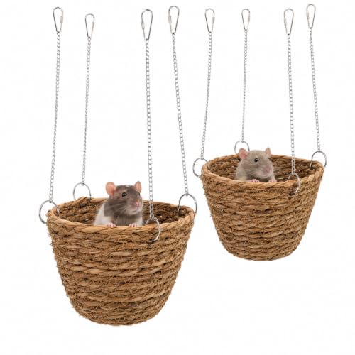 2 Pack Rat Hammock for Cage, Natural Grass Woven Hanging Basket Beds with Adjustable Chains, Pet Rat Cage Accessories for Resting, Perching and Enrichment, 6.3 in