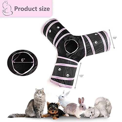 3 Way Cat Tunnel Collapsible Fun Pet Play Tube Toys for Cats, Kittens, Puppies & Rabbits - Portable Tunnel with Hanging Ball for Indoor Play, Hideout & Exercise - color: Pink Black