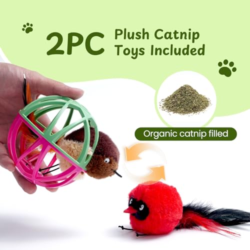 Cat Toys for Indoor Cats - Interactive Ball Cage Cat Toy with Realistic Bird Sounds & 2 Catnip Plush Toys, Motion-Activated Hunting Simulation Toy for Cats - color: Red