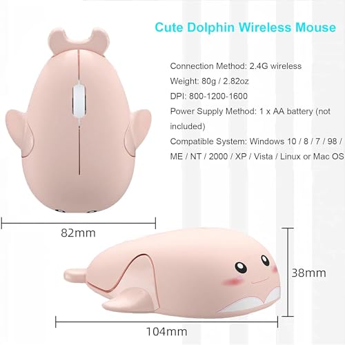 CHUYI Cute Animal Dolphin Shape Wireless Silent Mouse Frosted Cartoon Portable Travel Mute 1600DPI Novelty Optical Unique Cordless Quiet Mice for Computer Laptop PC Gift (1 Pack-Pink) - color: Pink Dolphin