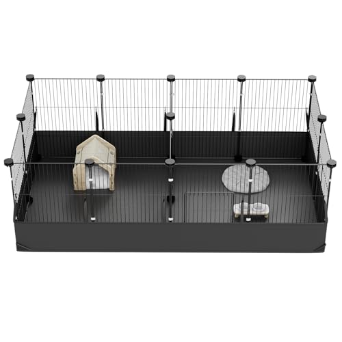 Tresbro Guinea Pig Cage with Waterproof PVC Bottom Liner & One-Hand Release Hook, Triple Fixing C&C Cage for Guinea Pigs, Bunny, Rabbit, Hedgehog, Small Animal Indoor Playpen 48''L x 24''W x 16''H - size: 14 Panels