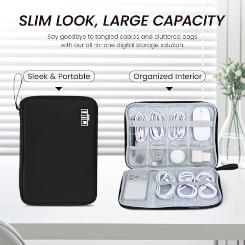 Cable Organizer Bag, Electronics Organizer Case for Tech Accessories | Store chargers, cables, power banks and adapters with elastic loops, mesh pockets and organized compartments for travel. - color: black, size: L
