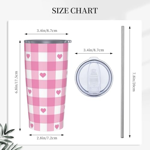 Checkered and Heart Tumbler with Lid and Straw Checkerboard 20oz Insulated Stainless Steel Cup Pink Travel Coffee Mug Water Bottle for Women Gift for Birthday Christmas - color: Pink White