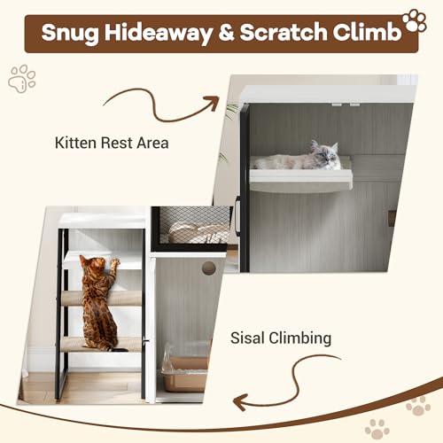 TrailBlaze Litter Box Enclosure with Platform, Double Layer Hidden Furniture, Modern Villa Cat Cabinet with Ladder, Hammock & Metal Mesh Door, Indoor Washroom Cat House-White - color: Retro White