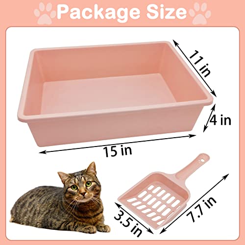 Kathson 3PCS Medium Open Cat Litter Box with Scoop, Durable Non-Stick Plastic Litter Pan for Cats, Puppies, Bunnies, and Small Animals, 15 x 11 x 4 Inches