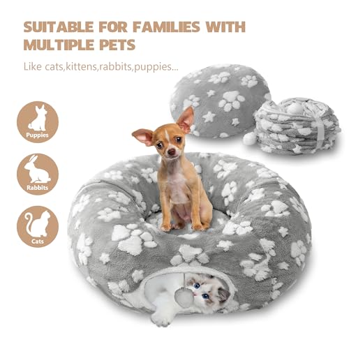 Cute Round Cat Tunnel for Indoor Cats, Grey | Peekaboo Cave with Dangling Balls, Pet Donut Tunnel Bed with Circle Mat for Puppy Kitten Rabbit - color: Grey Paw, size: Round