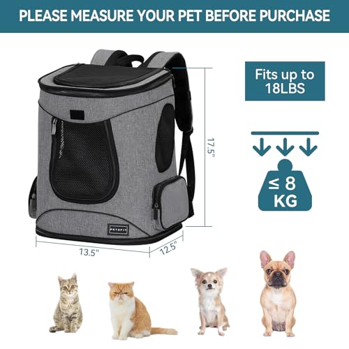 Petsfit Dog and Cat Backpack Carrier, Padded Waist Support, Up to 18 lb | 13.5 x 12.5 x 17.5 in; reinforced frame, 600D Oxford, 4 mesh panels, lockable zippers, safety tether and washable mat. - color: Gray