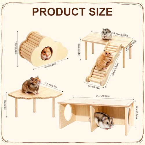 5 Pcs Wooden Hamster Toy Set, Cloud House, Peep Tunnel, Ladder & Small Tables Cage Accessories Climbing Toys for Dwarf Hamsters, Mice & Gerbils