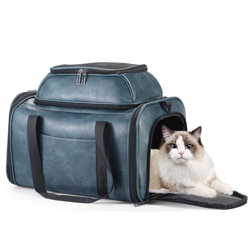 Premium Leather Top Expandable Pet Carrier for Small Dogs & Cats Under 15 lbs, Airline Approved Collapsible Soft-Sided Luxury Travel Bag Blue - color: Blue