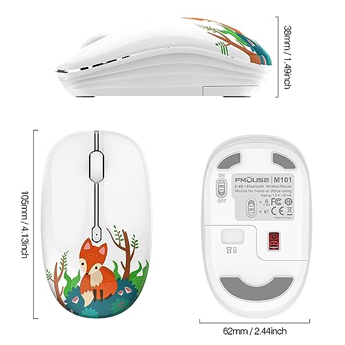 FMOUSE Cute Cartoon Silent Wireless Mouse, Dual Mode Bluetooth & USB 2.4G | Kawaii Fox Pattern, Ideal for Kids Back to School & Office | AA Battery Powered | Compatible with Laptop Mac iPad Tablet - color: Fox
