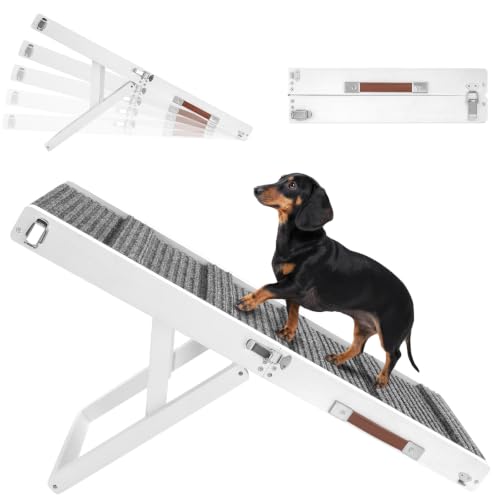 Pawaboo 2026 Upgraded Small Dog Ramp for Couch Foldable, 5 Ajustable Height | Height from 9.8" to 20.5", Portable Stable Pet Steps with Non-Slip Pad, Pet Ramps Use for Sofa Couch Stairs, Wood - color: White, size: 80×30cm-for couch