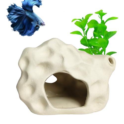 SpringSmart Aquarium Decor Rock Cave for Fish Shrimp Turtle Crab, Betta Fish Tank Decorations Ceramic Hiding Stone, Fish Bowl Landscape Rock with Plastic Plant - size: SH