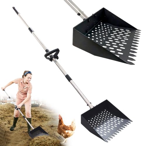 Chicken Poop Scooper, 10.2" Metal Steel Sifting Shovel with Ergonomic Grip, 37-62in Extendable Stainless Steel Handle, Professional Poultry Litter Cleaner for Chicken Coop, Duck, Goat & Sand