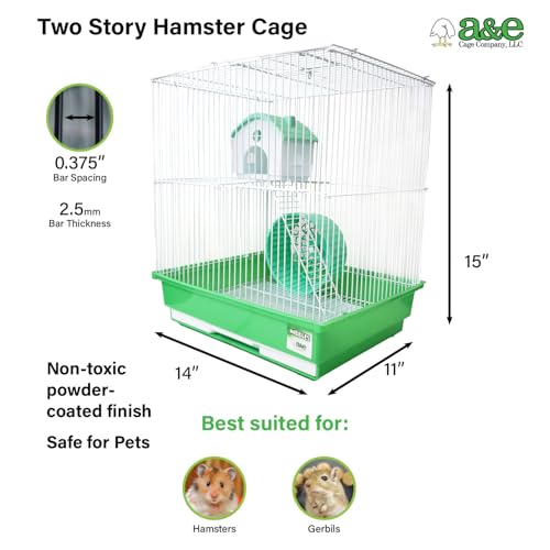 A&E Cage Co HAM007-SP Two Story Hamster Cage – 14" x 11" x 15" Small Animal Habitat with Exercise Wheel & Play House – Hamster, Gerbil & Small Pet Cage with Slide-Out Tray (Green & White) - size: Small