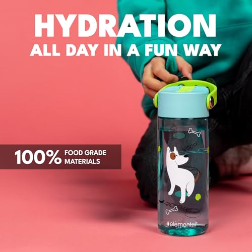 Elemental Water Bottles for Kids - Splash Kids Water Bottle for School with Fun Charm Handle - BPA Free Tritan Plastic Bottle with Straw Leak Proof When Spout is Closed - 18oz - Pup Pal - color: Pup Pal
