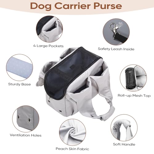 Dog Purse Carrier for Small Dogs, Cats, and Puppies – Soft-Sided Travel Pet Tote Bag with 4 Large Pockets, Foldable, Lightweight, Fits Pets up to 15 lbs, for Travel, Outings (Grey) - color: Grey
