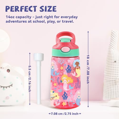 Kids Plastic Water Bottle - Mermaid Water Bottles for Kids, 14oz Plastic Water Bottles with Straw Lid, Leakproof BPA-Free Mermaid Water Bottle for Home Sports Travel, Pop-Up Straw Cover, Pink - color: Mermaid