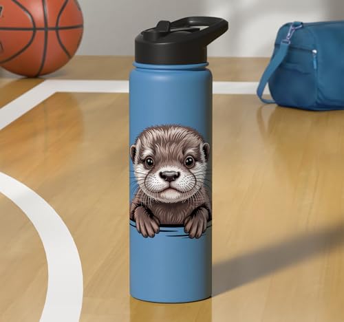 Cute Otter Pup Funny Peeking Pocket Animals Stainless Steel Insulated Water Bottle - color: Light Blue
