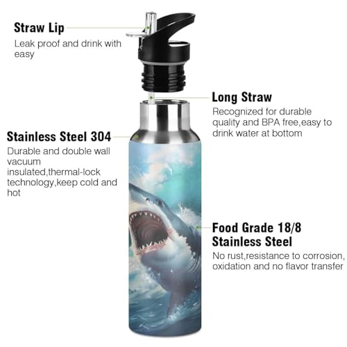 Shark Kids Water Bottles, Ocean Sea Wave Insulated Sports Vacuum Stainless Steel Mug with Straw Lid & Handle 20 oz - color: B10