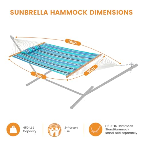 Lazy Daze 12 FT Sunbrella Quilted Hammock, Non-Fading Double Hammock | 2 Person Hammock with Pillow, Straps, Carabiners , All Weather Fade Resistant for Outside, Dolce Oasis - color: Dolce Oasis