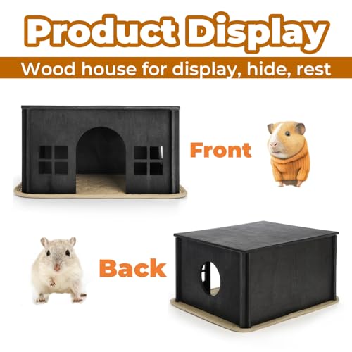 Wooden Hamster Hideout with Window Door, Soft Mat | Detachable Small Animal Guinea Pig House, Woodland House Habitats Decor for Chinchilla Mice Gerbils Mouse Dwarf