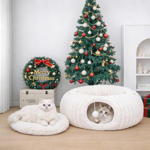Dogpals Cat Tunnel Bed Cave 33" Lx10 Wx10 H for Indoor Cats (White) | Washable Cozy Cushion, Soft Striped Plush Fabric, Hideaway Peekaboo Cave for Kittens, Puppies, Rabbits & Small Pets - color: White