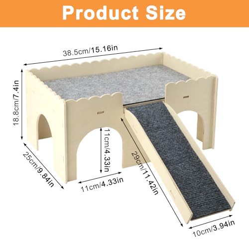 Extra Large Wooden Guinea Pig House Castle with Ramp and Fleece Mat, 2-Story Detachable Chew Proof Small Animal Hideout Hut, Easy to Assemble Wooden Hideaway for Bunny, Hamster, Chinchilla, Beige