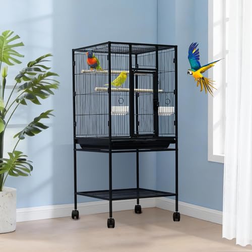 Spacious Flight Bird Cage with Rolling Stand & Storage Shelf - Durable Wrought Iron Parrot Home w/Play Top & Bowls - Easy Clean, Ideal for Parakeets, Cockatiels, Conures - size: 25.4"L x 19.7"W x 5.9"H