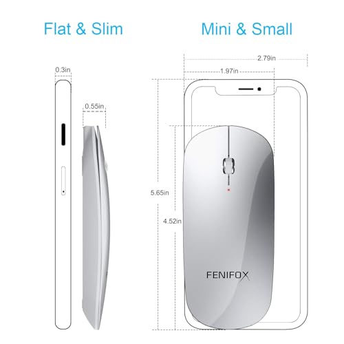 FENIFOX Wireless Bluetooth Mouse, Slim Travel Silent Rechargeable Silver | Flat, Portable, Whisper Quiet, 3 Buttons Design , 2400 DPI Precision for iPad Laptop MacBook Tablet iPhone - color: Silver