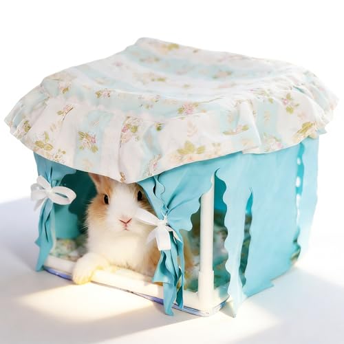 Hamster Hideout Tent with Curtain,Bunny Hideout, Machine Washable Guinea Pig Hide Tent Houses & Habitats, Triangular Hideout Shelter Small Animal Bed,Ferret, Rat, Chinchilla, Squirrel（Blue） - color: blue white