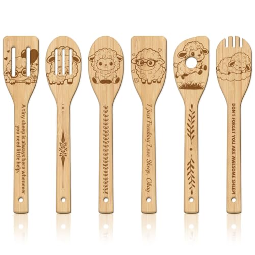 GLOBLELAND 6 Pcs Cute Sheep Wooden Spoons Utensil Set Cute Cartoon Sheep Bamboo Carving Kitchen Cooking Utensils Wooden Engraved Cooking Spatula Sets for Kitchen Fun House Warming Gift - color: Sheep
