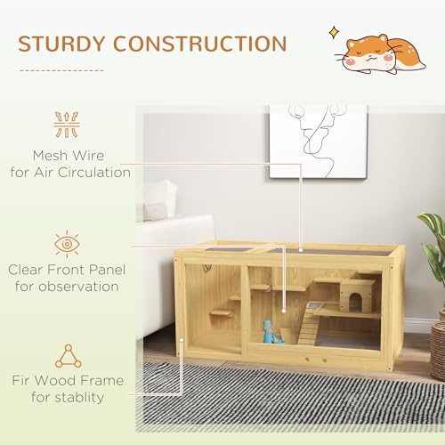 PawHut Wooden Hamster Cage, Extra Large Gerbil Cage, Multi-Layer Small Animal Cage for Dwarf Hamster, Activity Center with Pull-Out Tray, Seesaws, Water Bottle, Ladder, Openable Top | Gerbil Habitat, Multi-Layer Small Animal Cage, Activity Center, Seesaws