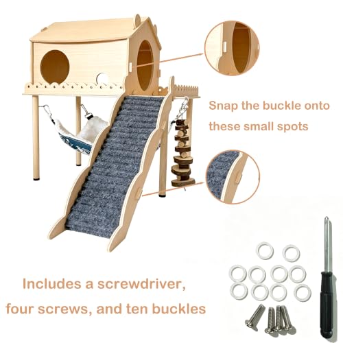 Guinea Pig Hideout Wooden Hamster Castle with Stair Hammock House | Detachable Double-Decker Guinea Pigs House for Hamsters Rabbit Chinchilla Small Animal Hiding Sleeping Activities