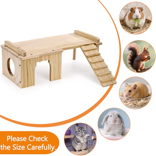 Hacaroa Wooden Hamster Hideout with Ladder, Large Hamster Platform Guinea Pig Hide Play House, Small Animals Climbing Toy Chinchillas Cage Accessories for Syrian Hamsters, Rats, Gerbils