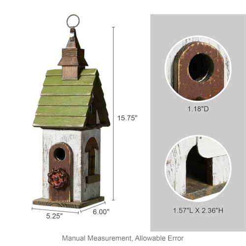 Glitzhome Bird Houses for Outside, Bluebird Houses for Outdoors,15.75"H Solid Wood Birdhouse Distressed Cottage Decorative Hanging Outdoor Garden Bird House for Wren Sparrow Hummingbird Finch Cardinal - color: 15.75"H White&Green